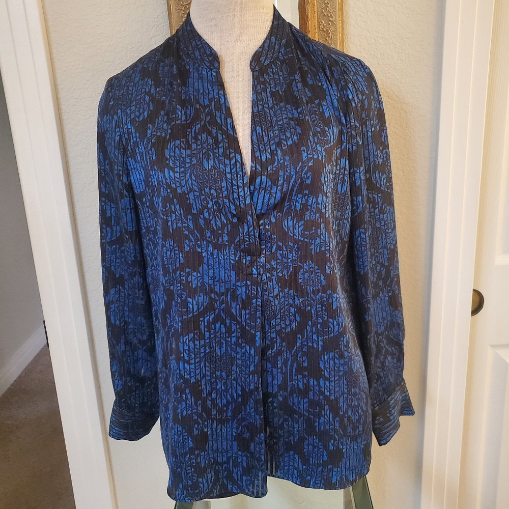 Alice + Olivia Striped Black & Blue Floral Striped  Top Blouse
